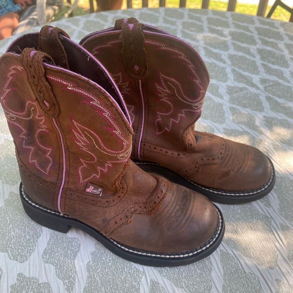 Justin Gypsy Western Cowboy Boots Brown Pink Embroidered Round Toe Girls 6B